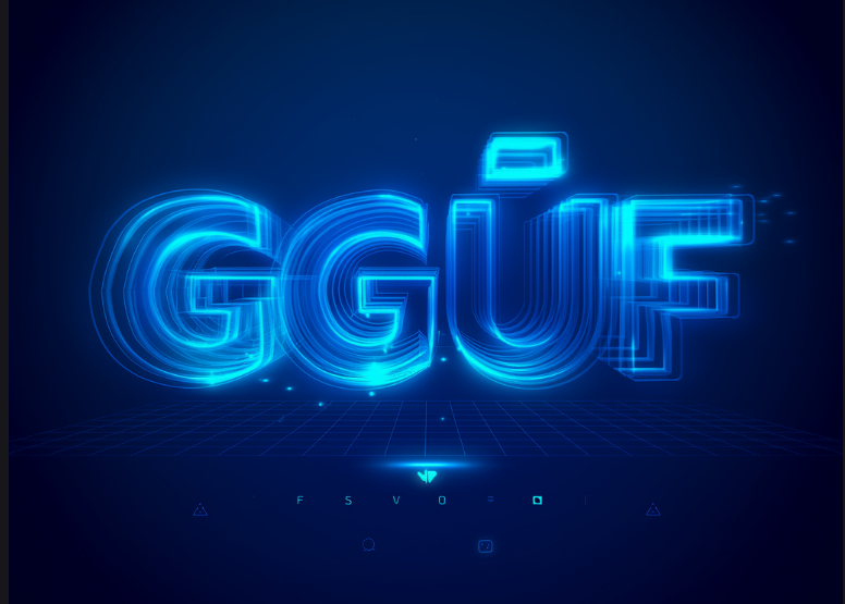 以蓝色霓虹光效呈现‘GGUF’字样,背景为深色网格与科技感元素,体现深度学习模型格式的技术特性。
