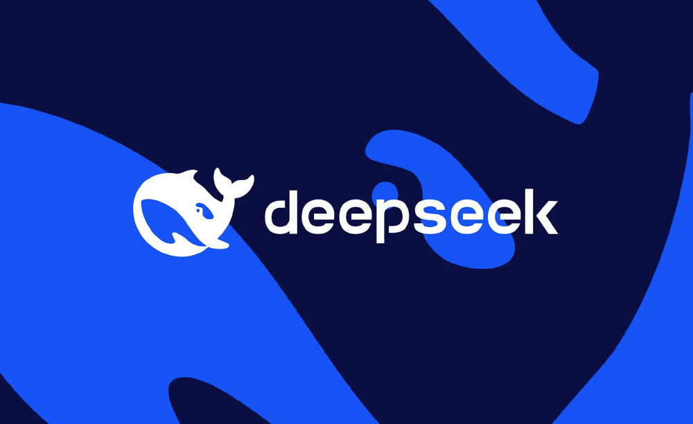 图片展示了DeepSeek的品牌标志，深蓝色背景搭配白色鲸鱼图案及“deepseek”文字，代表该AI技术公司。