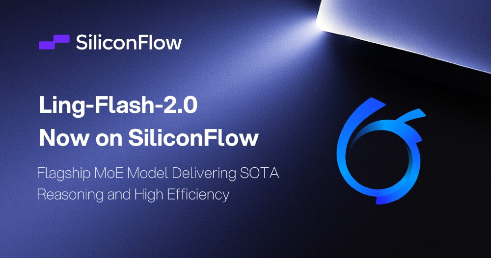 SiliconFlow平台发布Ling-Flash-2.0模型上线宣传图，突出其作为旗舰MoE模型的高效推理与高性价比特点。