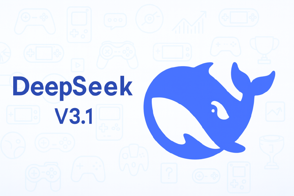 图片展示了DeepSeek V3.1的品牌标识,包含蓝色文字“DeepSeek V3.1”与鲸鱼图标,背景带有游戏相关元素,用于体现该开源大模型版本的视觉形象。