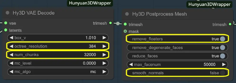图片展示了ComfyUI工作流中Hunyuan3DWrapper的Hy3D VAE Decode和Hy3D Postprocess Mesh节点参数设置界面，用于3D网格生成与优化，包含octree_resolution、num_chunks等关键参数。