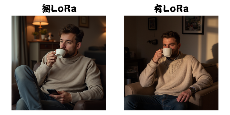 图片左右对比展示有无LoRa模型生成的人物随拍效果，右侧有LoRa模型生成的人物（如毛衣纹理、肤色、场景真实感）更自然真实，体现LoRa模型提升人物生成真实感的作用。