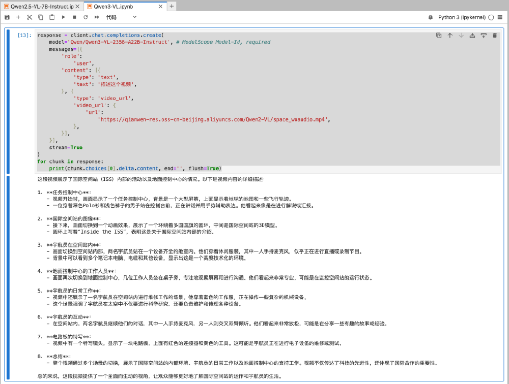 Jupyter Notebook中Python代码调用Qwen3-VL模型处理视频URL并生成视频内容描述，下方展示了国际空间站视频的详细解析文本。