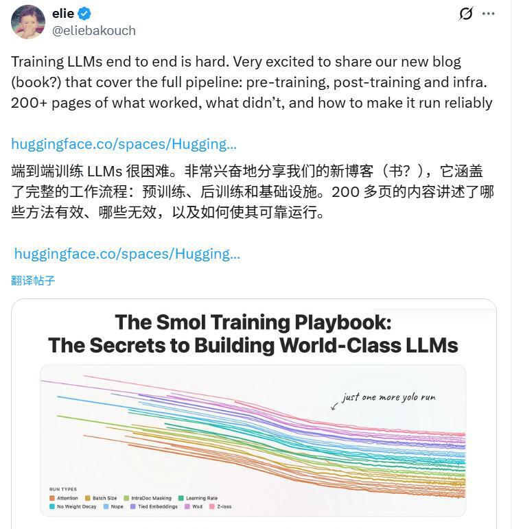 推特用户分享HuggingFace发布的200+页“Smol Training Playbook”技术博客，涵盖端到端训练大模型（含预训练、后训练及基础设施）的全流程，并以可视化图表展示不同训练参数对比。