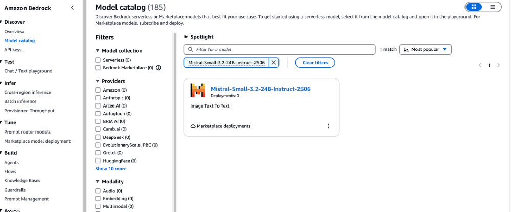图片展示了Amazon Bedrock平台的模型目录界面，搜索结果中显示了Mistral-Small-3.2-24B-Instruct-2506模型，该模型支持Image Text To Text能力，可在Marketplace中部署。