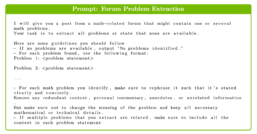 图片展示了用于从数学论坛帖子中提取问题的“Forum Problem Extraction”提示词模板,包含详细的提取规则、格式要求及注意事项,用于构建高质量数学推理数据