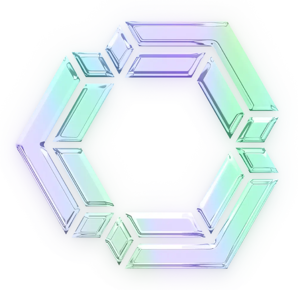 图片展示了Continue公司推出的Next Edit模型Instinct的品牌logo，采用透明渐变色彩（紫绿蓝混合）的六边形几何设计，具有科技感与未来感。