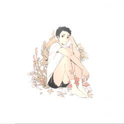 日式风格插画，描绘一位身着白上衣黑短裤的少年赤脚席地而坐，手托脸颊，周围点缀着植物与蘑菇，整体氛围静谧忧郁。