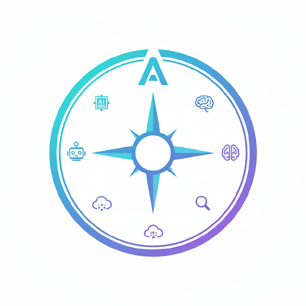 蓝紫渐变的指南针风格图标，中心有字母“A”，周围分布AI机器人、大脑、AI标签等图标，象征AI技术探索与工具导航。