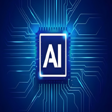 蓝色背景下发光的“AI”字样搭配电路图案，呈现科技感的人工智能芯片视觉效果，象征AI技术核心元素