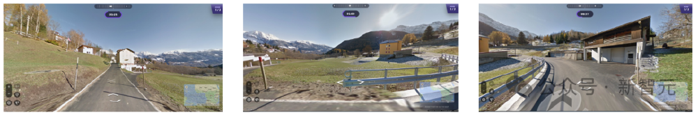 展示三张不同视角的户外街景图像（含道路、房屋、山脉等元素）