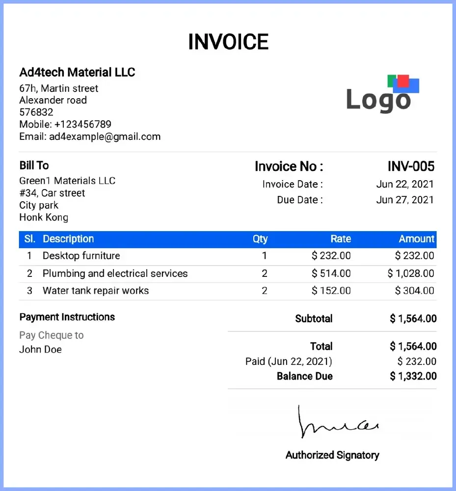 这张图片展示了Ad4tech Material LLC开具的一张商业发票（Invoice），包含公司信息、账单信息及项目明细，用于说明使用Gemma3多模态LLM模型从图像中提取数据的效果。