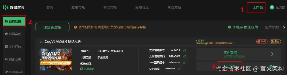 好易智算平台“我的应用”页面截图，展示了CogVLM2图片视觉推理应用的管理信息，含应用ID、计费类型及“文件管理”“日志查看”等功能入口