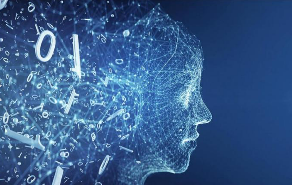 抽象蓝色背景下，由线条和二进制数字构成的人类头部轮廓，象征人工智能的深度思考能力。