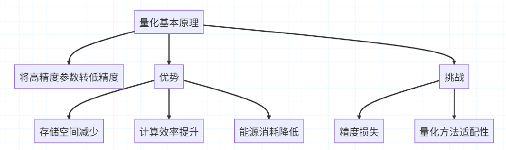 图片是关于量化基本原理的流程图,展示了将高精度参数转为低精度参数的核心方法,以及量化技术的优势(存储空间减少、计算效率提升、能源消耗降低)和面临的挑战(精度损失、量化方法适配性)。
