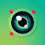 抽象科技风格图标，绿青色渐变背景，中心黑色区域带有彩色螺旋纹理，周围点缀红色圆点，整体类似眼睛虹膜或卫星相关象征