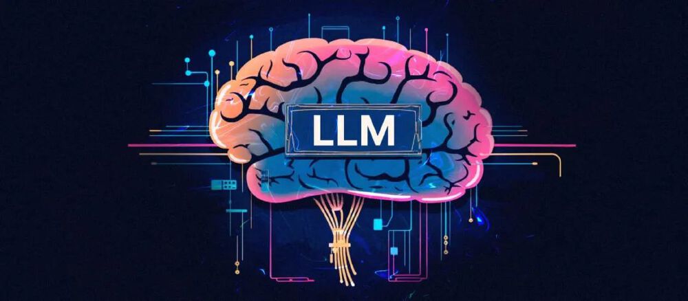 艺术化的大脑图形，中央标注“LLM”（大型语言模型），周围辅以电路线条等科技元素，直观呈现人工智能模型的核心概念。