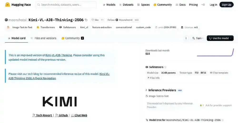 Hugging Face平台上展示的月之暗面开源Kimi-VL-A3B-Thinking-2506多模态模型页面，包含模型基本信息、功能标签、版本更新提示及开源状态等技术相关内容。