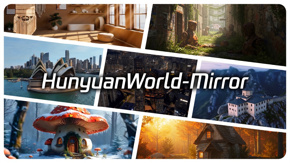 多场景拼接图像直观展示HunyuanWorld-Mirror在室内、城市建筑、童话场景等不同环境下的3D重建效果,中间突出显示模型名称。