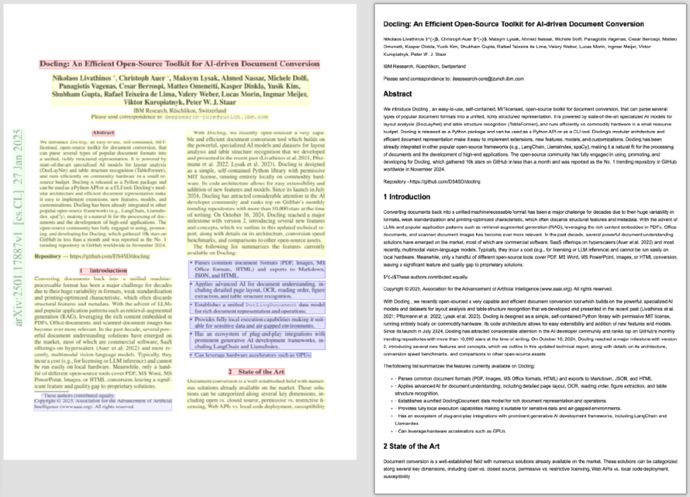 图片为一篇关于Docling（AI驱动的开源文档转换工具包）的学术论文截图，展示其架构、功能模块及文档智能处理的技术框架，包含摘要、引言和技术现状分析等内容。