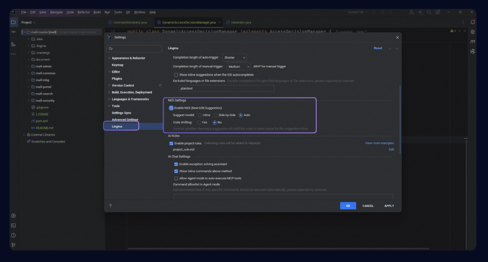 JetBrains IDE中Lingma插件的设置界面，展示了启用‘Next Edit Suggestion（NES）’功能的配置选项，包括建议模式（Auto）和代码移位（No）的设置。