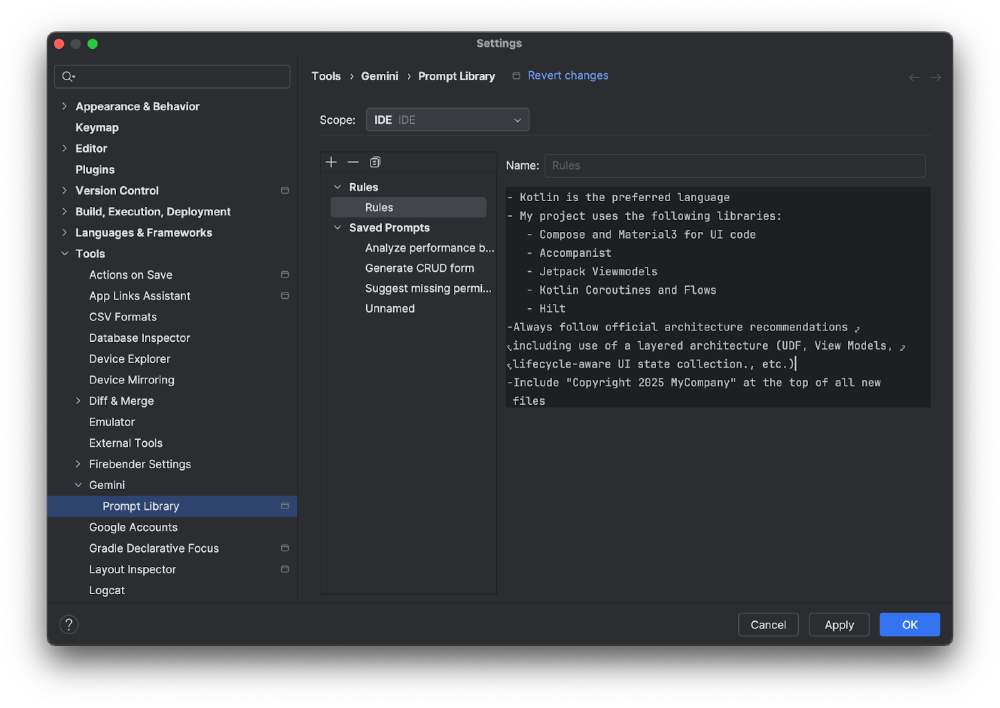 Android Studio的Gemini工具设置界面