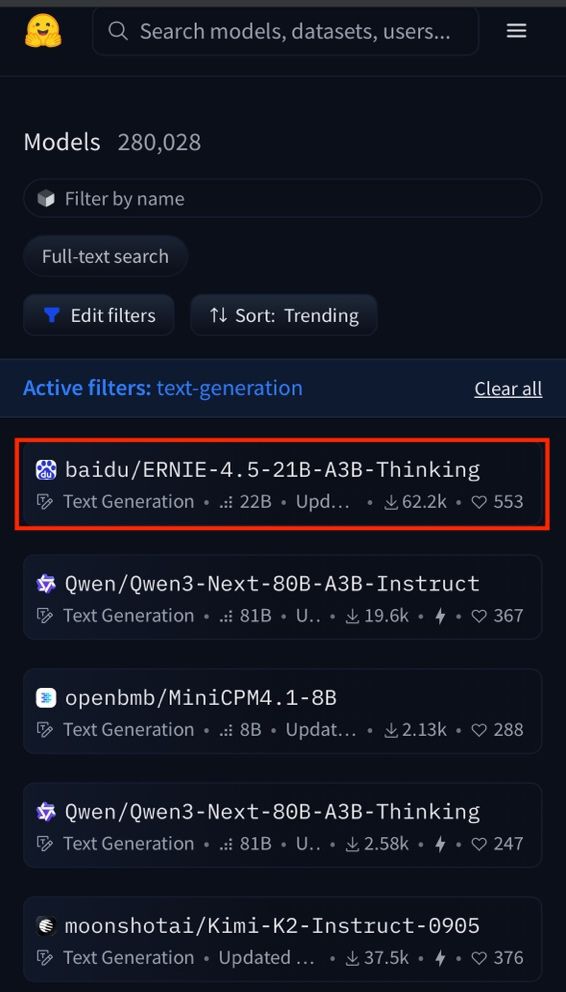 图片为HuggingFace网站模型列表界面截图，红色框标注的百度ERNIE-4.5-21B-A3B-Thinking文本生成模型位列趋势榜中，显示其下载量等数据