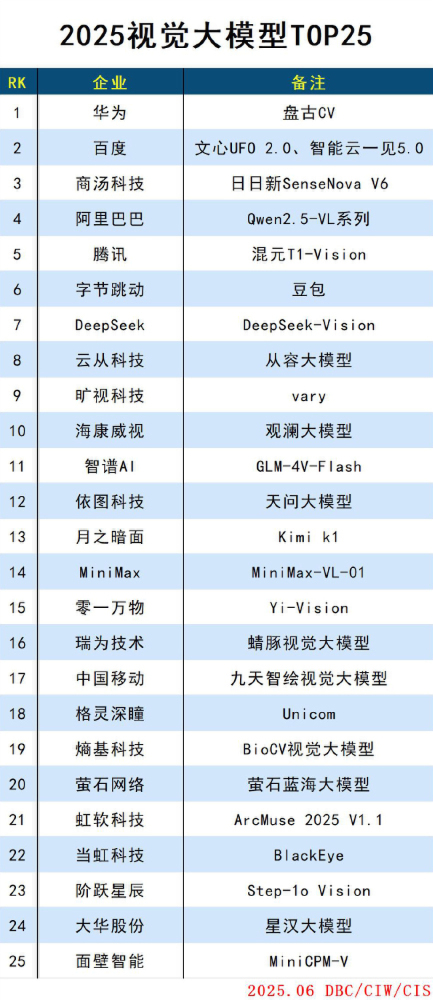 2025视觉大模型TOP25榜单
