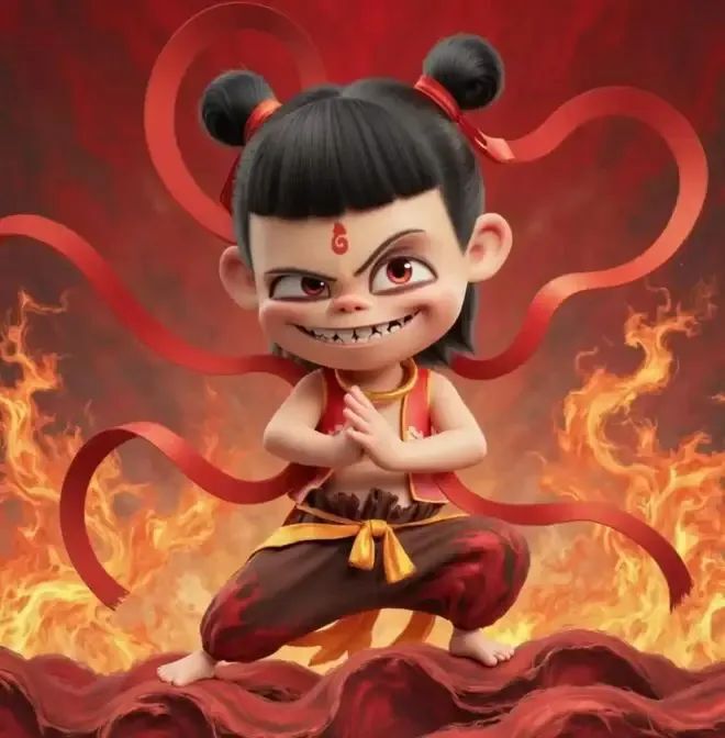 通过ImageGPT-small生成的卡通哪吒形象，背景火焰与红色飘带烘托奇幻氛围，展现模型在风格化图像生成上的能力。