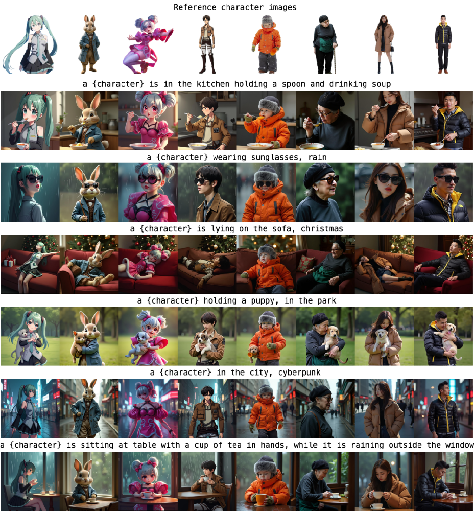 图片展示了InstantCharacter技术生成的参考角色在厨房喝汤、雨中戴墨镜、圣诞沙发、公园抱小狗、赛博朋克城市、雨天咖啡馆喝茶等不同场景下的角色图像，所有生成角色保持发型、服饰、面部特征等身份一致性，直观体现该技术的跨场景身份一致性特性。