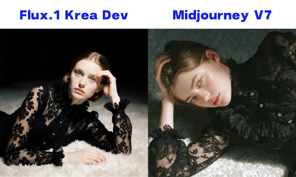 Flux.1 Krea Dev与Midjourney V7两个AI模型生成的人像作品对比