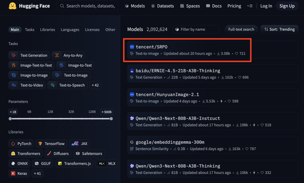 Hugging Face平台上展示的腾讯开源模型tencent/SRPO的界面截图，该模型属于Text-to-Image类型，显示其下载量3.08k、Star数量721，位于热门模型列表前列。