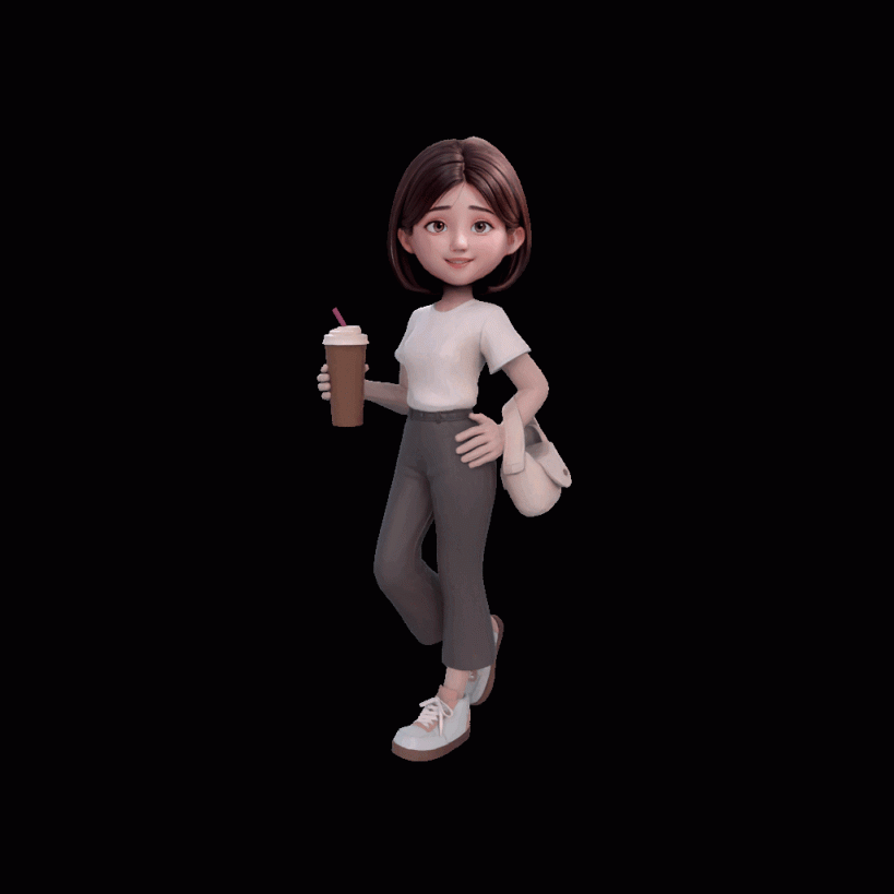 图片展示了腾讯大模型生成的3D卡通女性角色，该角色穿着休闲装、手持饮品包，体现了从虚拟模型到实体创意体验的技术成果。