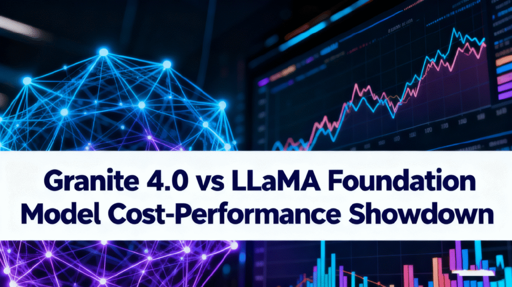 图片展示了“Granite 4.0”与“LLaMA Foundation Model”在成本-性能方面的对比，背景包含神经网络图形和金融图表，突出科技感与AI模型性能比较主题。