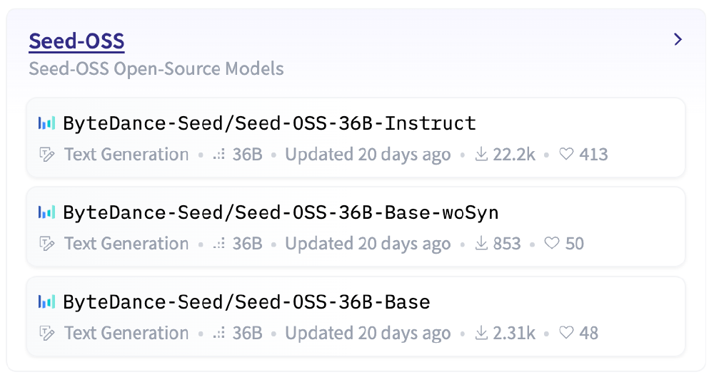 图片展示字节跳动Seed-OSS开源模型列表,包含Seed-OSS-36B-Instruct、Base-woSyn、Base三个36B参数的文本生成模型,标注模型类型、更新时间及下载/点赞数据。