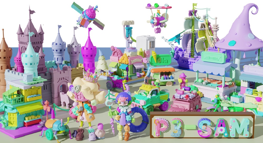 图片展示了由P3-SAM模型生成的彩色3D部件模型集合，包含城堡、车辆、卡通角色等，不同颜色区分语义部件，底部有“P3-SAM”标识，直观呈现3D部件分割成果。