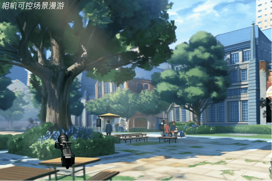 展示了由混元Voyager模型生成的相机可控3D场景漫游画面，画面包含树木、建筑等场景元素及相机控制设备，体现空间智能生成能力