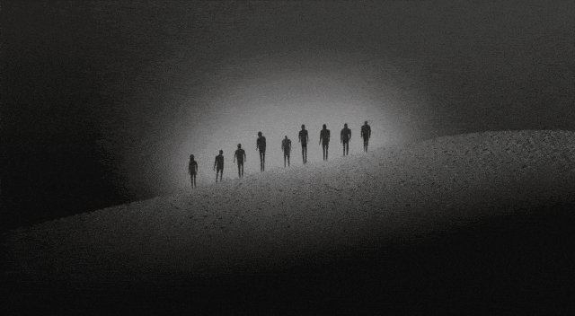 黑白动态画面，多个黑色人形剪影从黑暗中向光源方向移动，展现流畅的首尾帧过渡效果，体现通义Wan2.1视频模型在主体一致性与光影控制方面的表现。