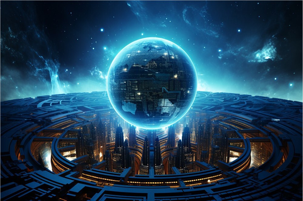 一幅充满未来科技感的艺术图像，呈现悬浮着地球球体的赛博城市景观，球体内部嵌入数据网络结构，象征AI时代全球科技互联与智能城市的融合愿景。