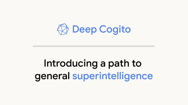 图片展示了Deep Cogito公司的品牌标识及宣传语，宣传语为‘Introducing a path to general superintelligence’，表明该公司致力于实现通用超级智能。