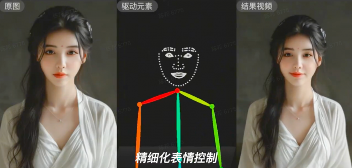 图片展示了‘精细化表情控制’的人像视频生成流程，左侧为原图，中间以人脸和人体关键点的驱动元素示意表情控制逻辑，右侧为生成的结果视频，直观呈现基于驱动元素控制的人物表情动作效果。