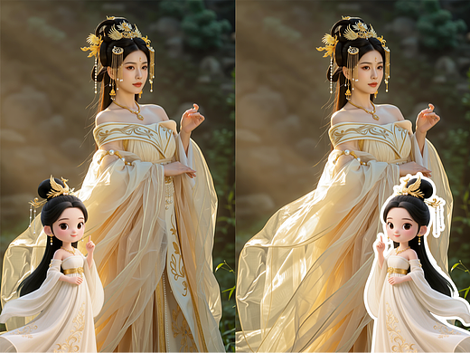 两张并排的AI生成古风女性角色图像，右侧角色下方叠加有卡通风格女性形象，展示Wan2.2模型的图像生成效果