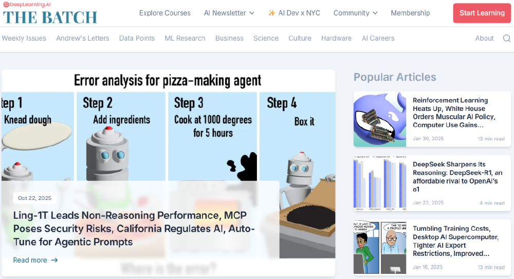 这是吴恩达的The Batch Newsletter首页截图，展示了一篇关于Ling-1T的文章预览，标题提及Ling-1T在非推理性能上领先，以及其他AI相关新闻。