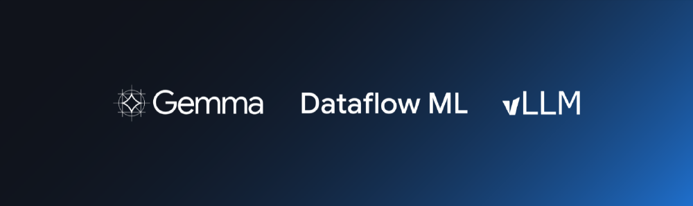 深色到蓝色渐变背景上展示了Gemma、Dataflow ML和vLLM的白色文字标识，突出这些技术在大语言模型部署与推理中的关联。