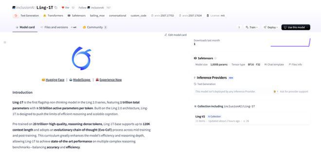 图片为Hugging Face平台上的Ling-1T模型页面截图，展示了该模型的基本信息，包括1T总参数、MoE架构、128K上下文长度等，还包含模型介绍、文件版本及Inference Providers等内容板块。