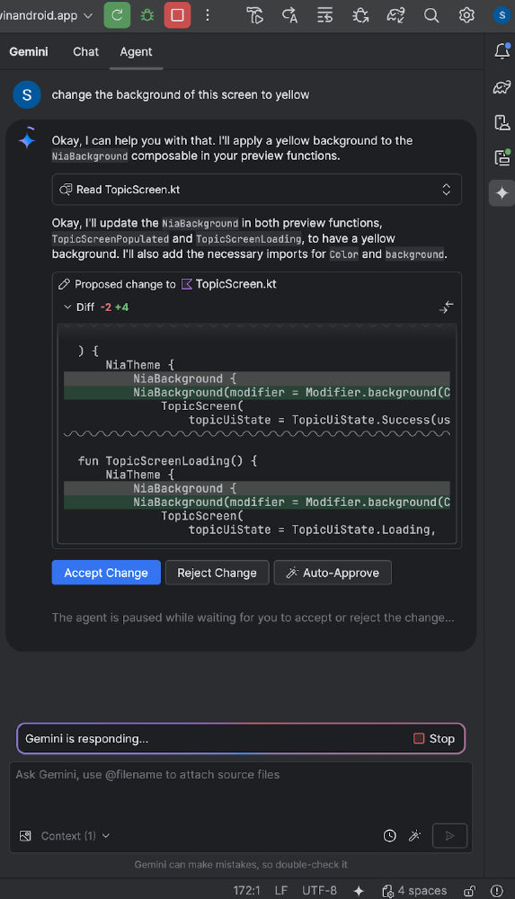 Android Studio中Gemini智能体模式界面