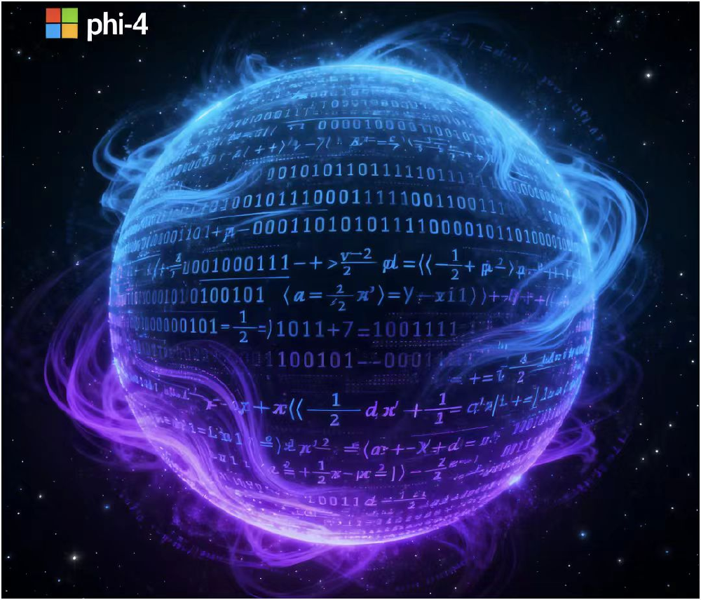 带有微软Phi-4标志的科幻风格球体，表面覆盖二进制代码与数学公式，背景为星空，象征Phi-4系列AI模型的强大计算与智能能力。