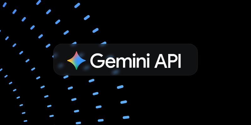 黑色背景上带有彩色Gemini标志和“Gemini API”文字的图形,周围环绕蓝色点状装饰,呈现Gemini API相关的标识风格。