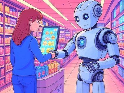 卡通风格插画展示AI机器人在超市场景中与女性用户互动，女性手持平板，机器人参与交互，体现AI技术在购物场景的应用。
