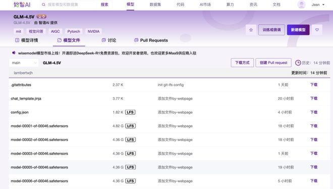 该图片是wisemodel开源社区中GLM-4.5V模型的文件下载页面截图，展示了模型文件列表及下载选项，包含多个safetensors格式的模型文件。